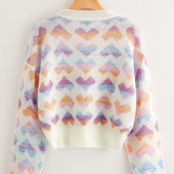 pink cream heart print knit fall pullover sweater - Picture 2 of 3